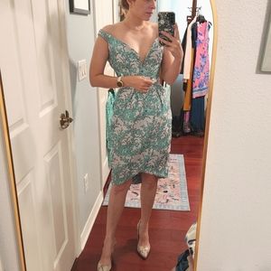 Zimmermann aqua blue floral brocade off shoulder dress 0